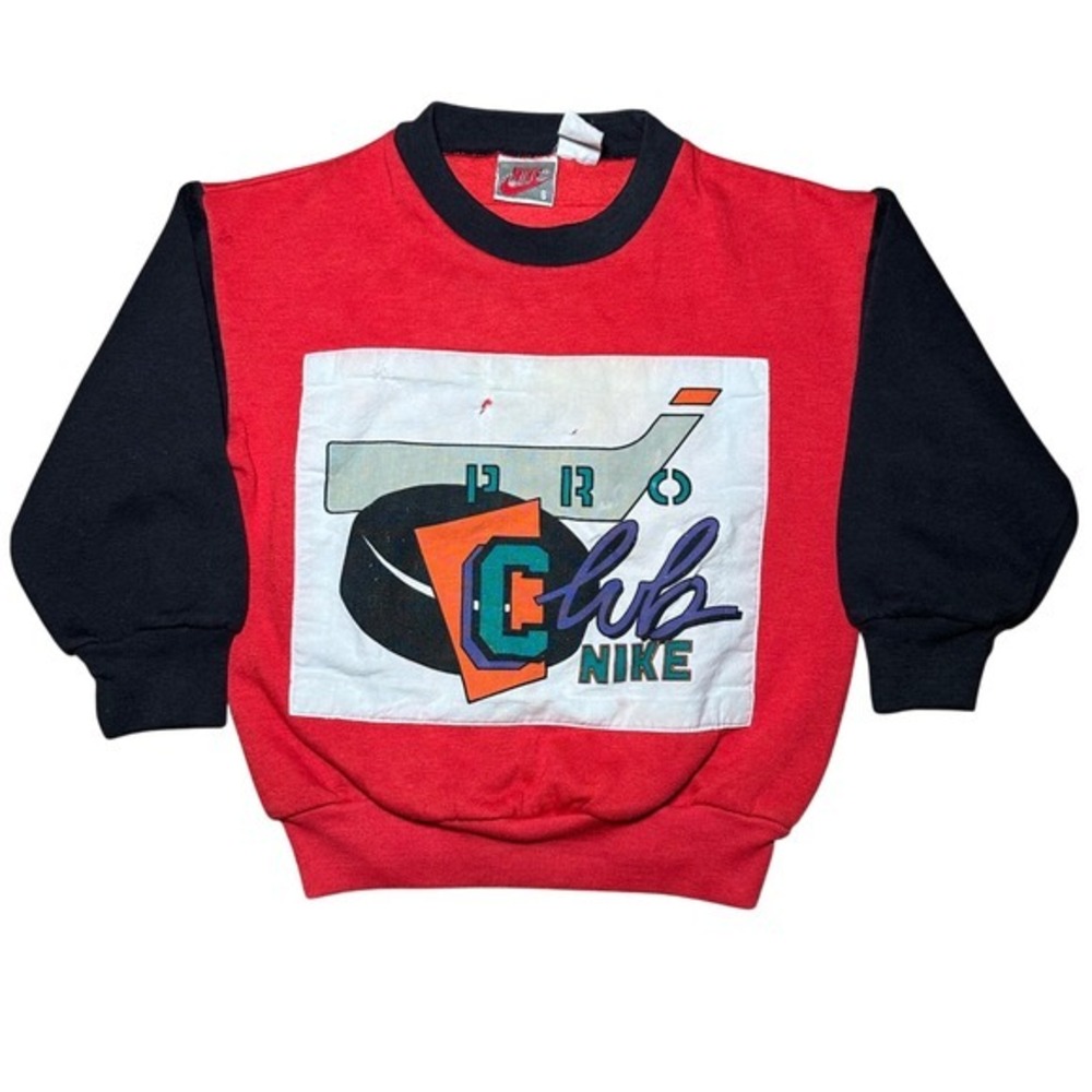 Vintage 80s 90s Kids Nike‎ Pro Club Red Black Hockey Graphic Sweatshirt Size S